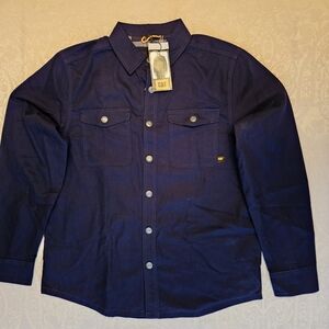 Size Small CAT Caterpillar Men's Navy Snap Down Utility Work Shirt Shacket, NWT